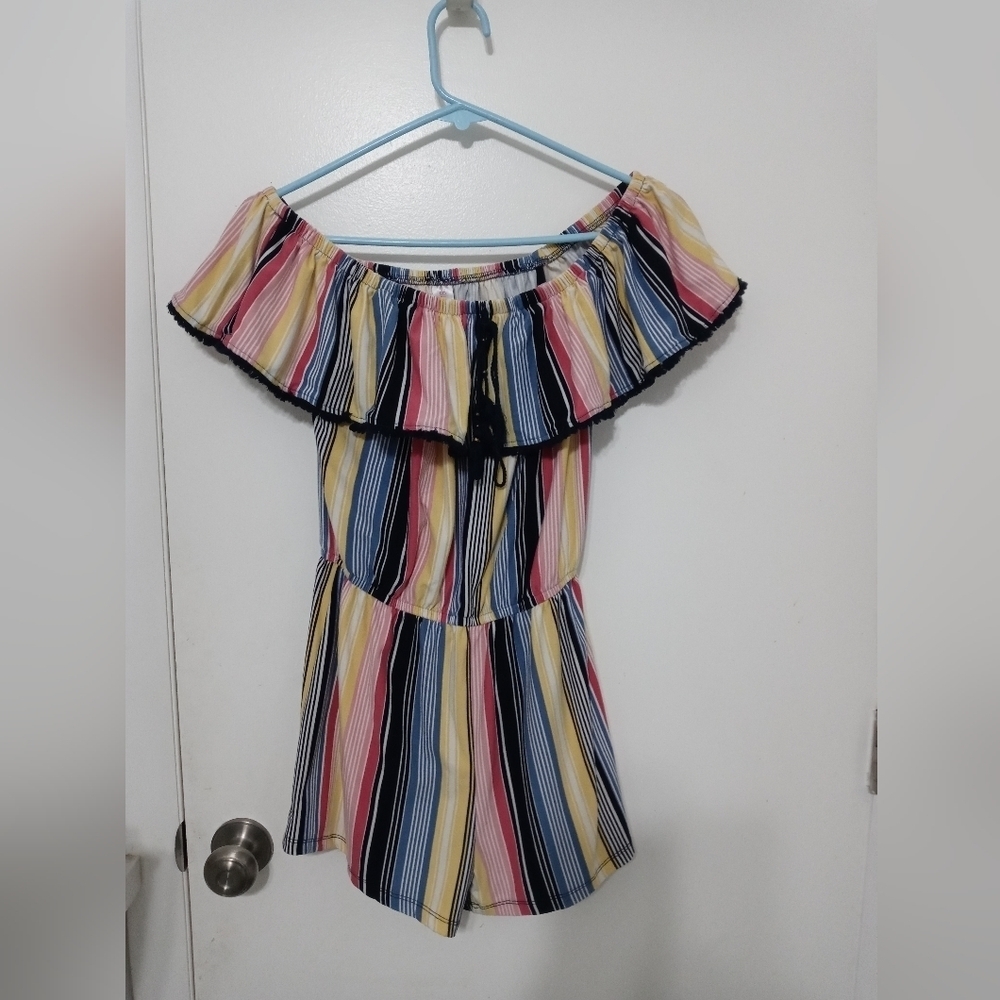 No Boundaries Striped Ruffled off the shoulder Sleeveless Romper with tassels SM